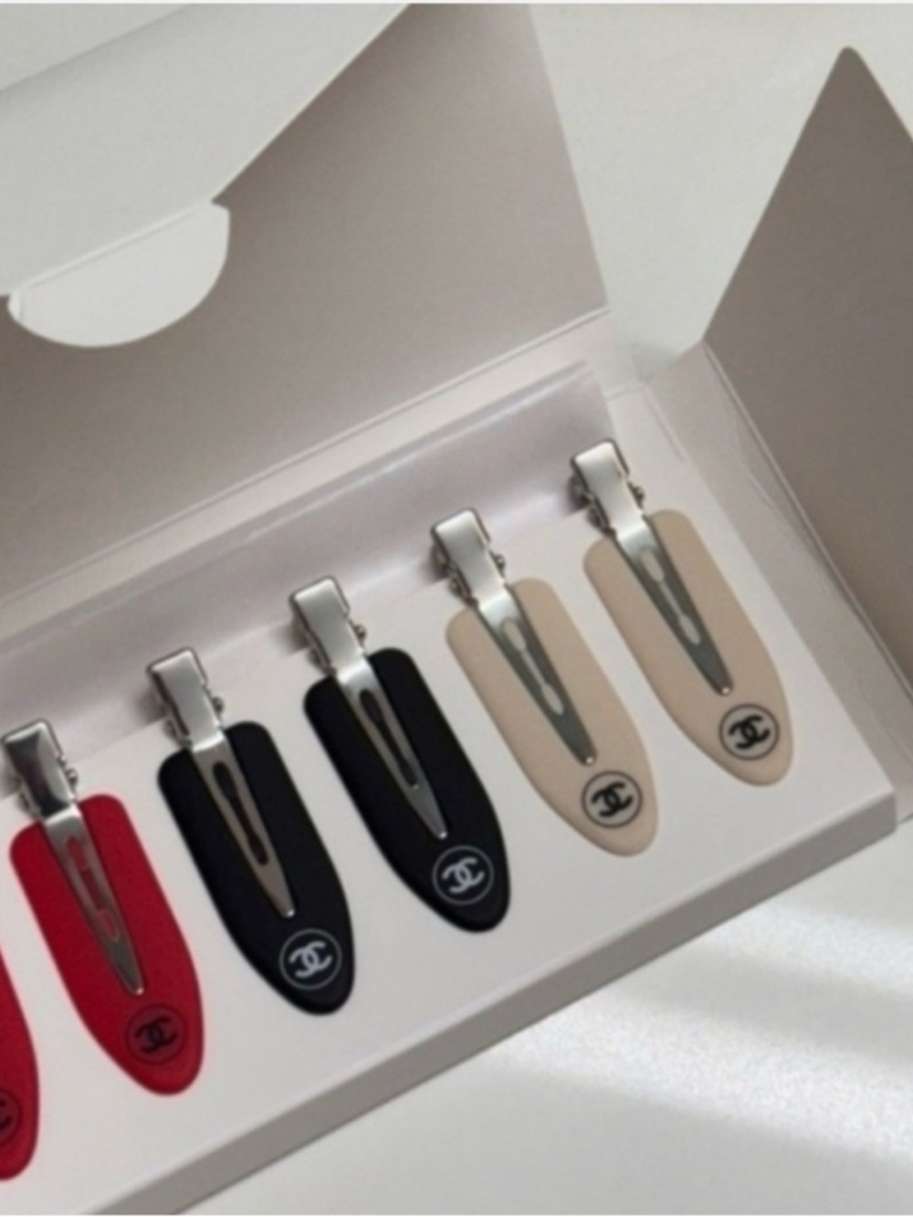 CHANEL Metal Hair Clip Set in Red, Black, Beige